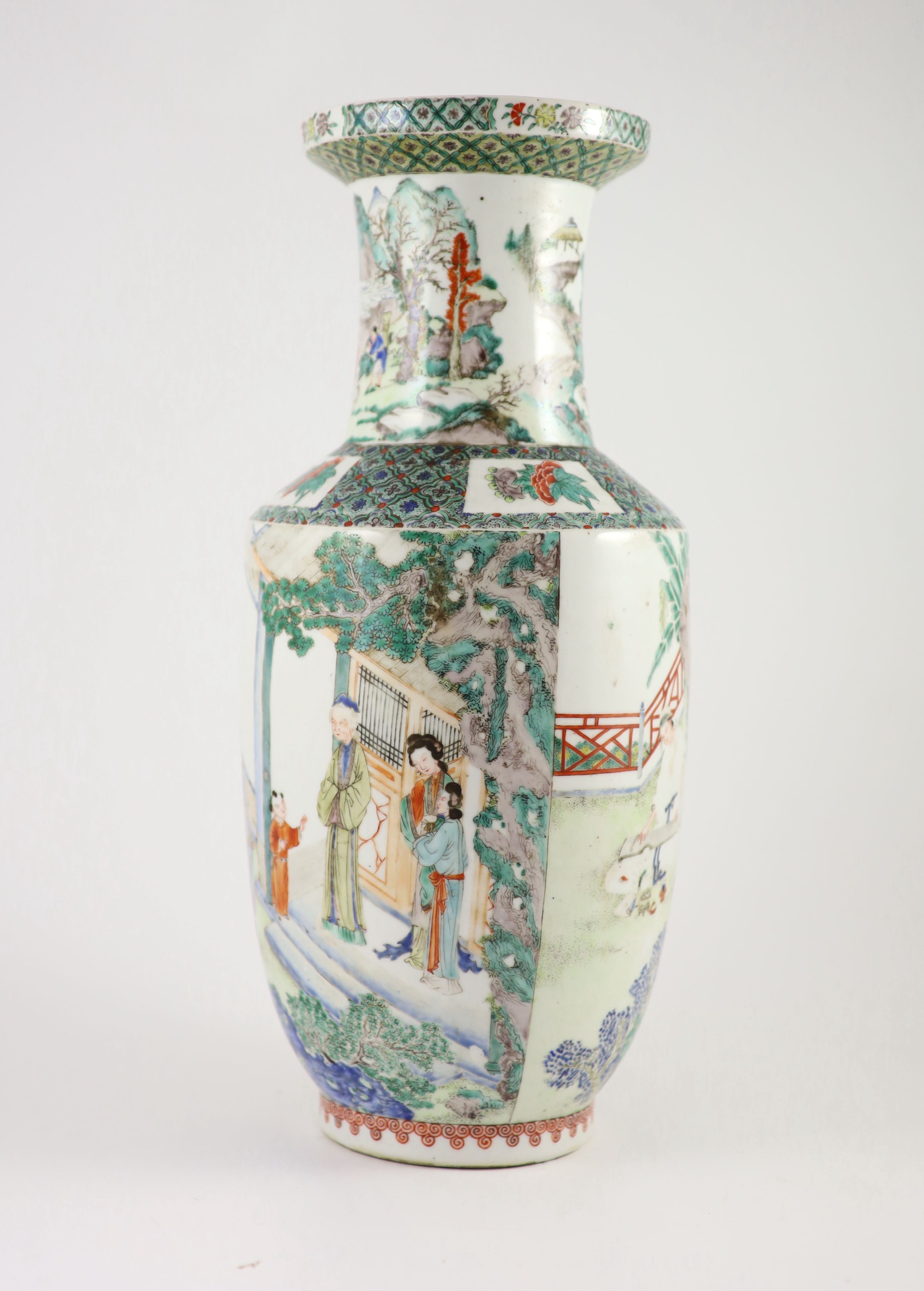 A Chinese famille verte rouleau vase, late 19th century, 43.5cm high, small splinter chip to rim